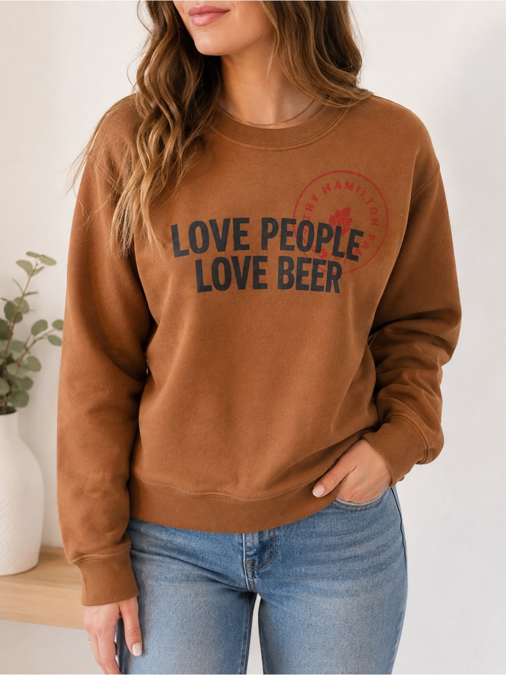 Bayside Hamilton Family Brewery Love People Love Beer Crewneck Sweatshirt Brown